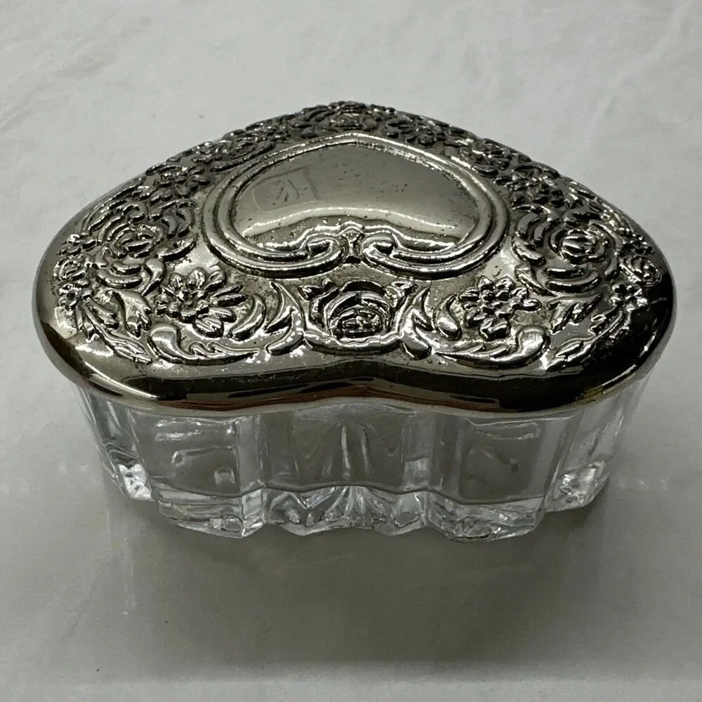 Vintage Heart Shape Silver and Glass Trinket Jewelry Box Candy Dish 3.5 in